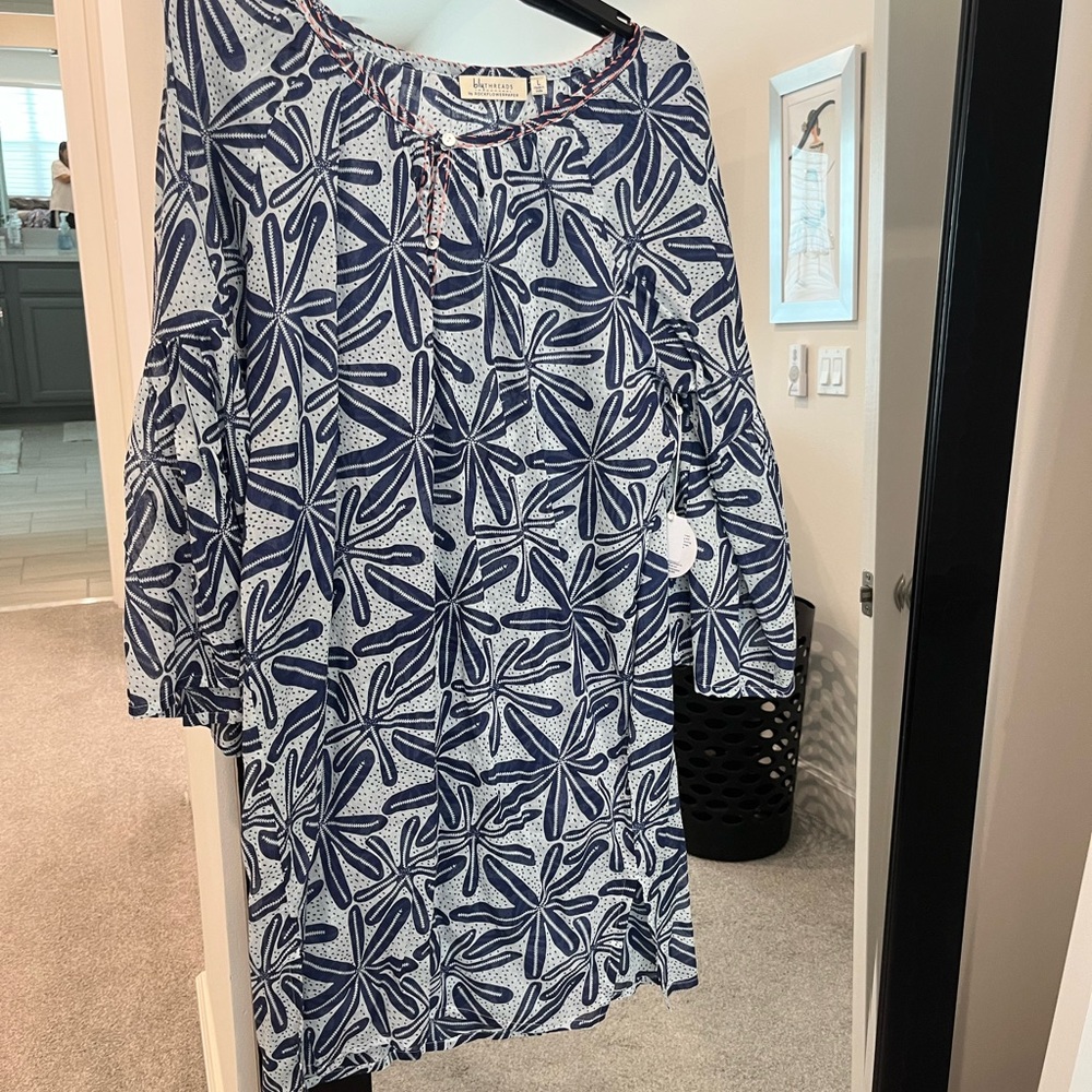 Blue and White 3/4 Sleeve Boxy Swim Coverup